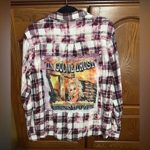 Dolly Parton In God We Trust upcycled bleached flannel tee